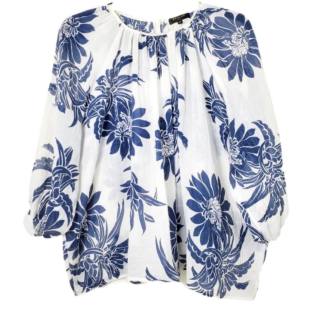 Beulah Style‎ Blue & White Floral Balloon Sleeve Gauze Blouse Oversized One Size